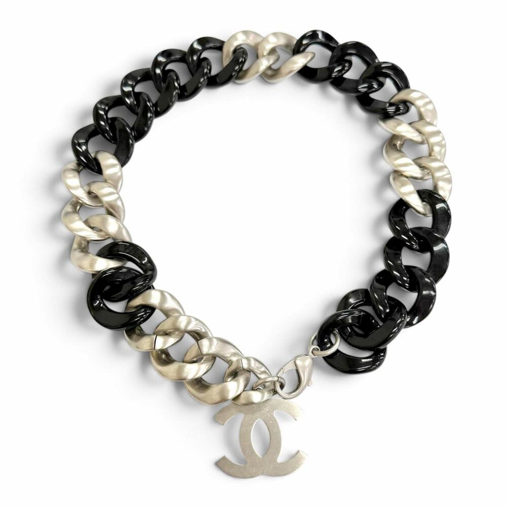CHANEL Vintage 07P Coco Mark Chain Choker Necklace, Black and Silver, Made in...